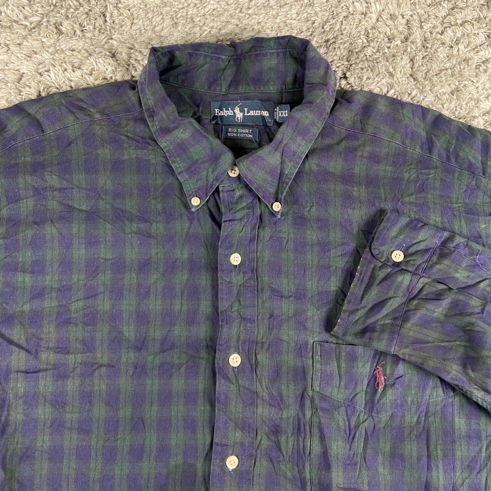 Ralph Lauren Big Shirt Men XXL Blue Green Plaid Cotton Long Sleeve Button Down